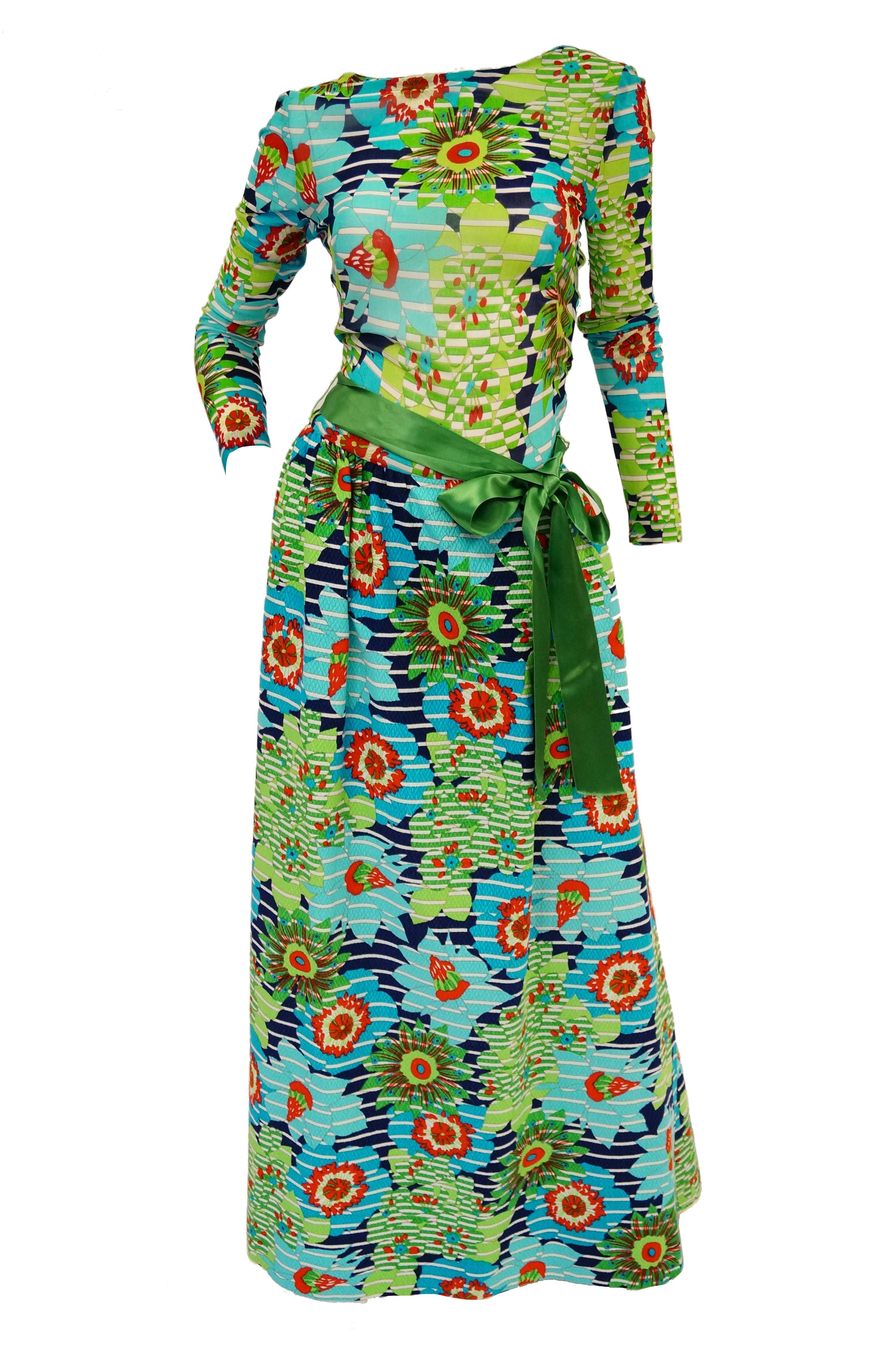 1970s Lanvin Vibrant Green and Blue Floral Dress w/ Sheer Bodice