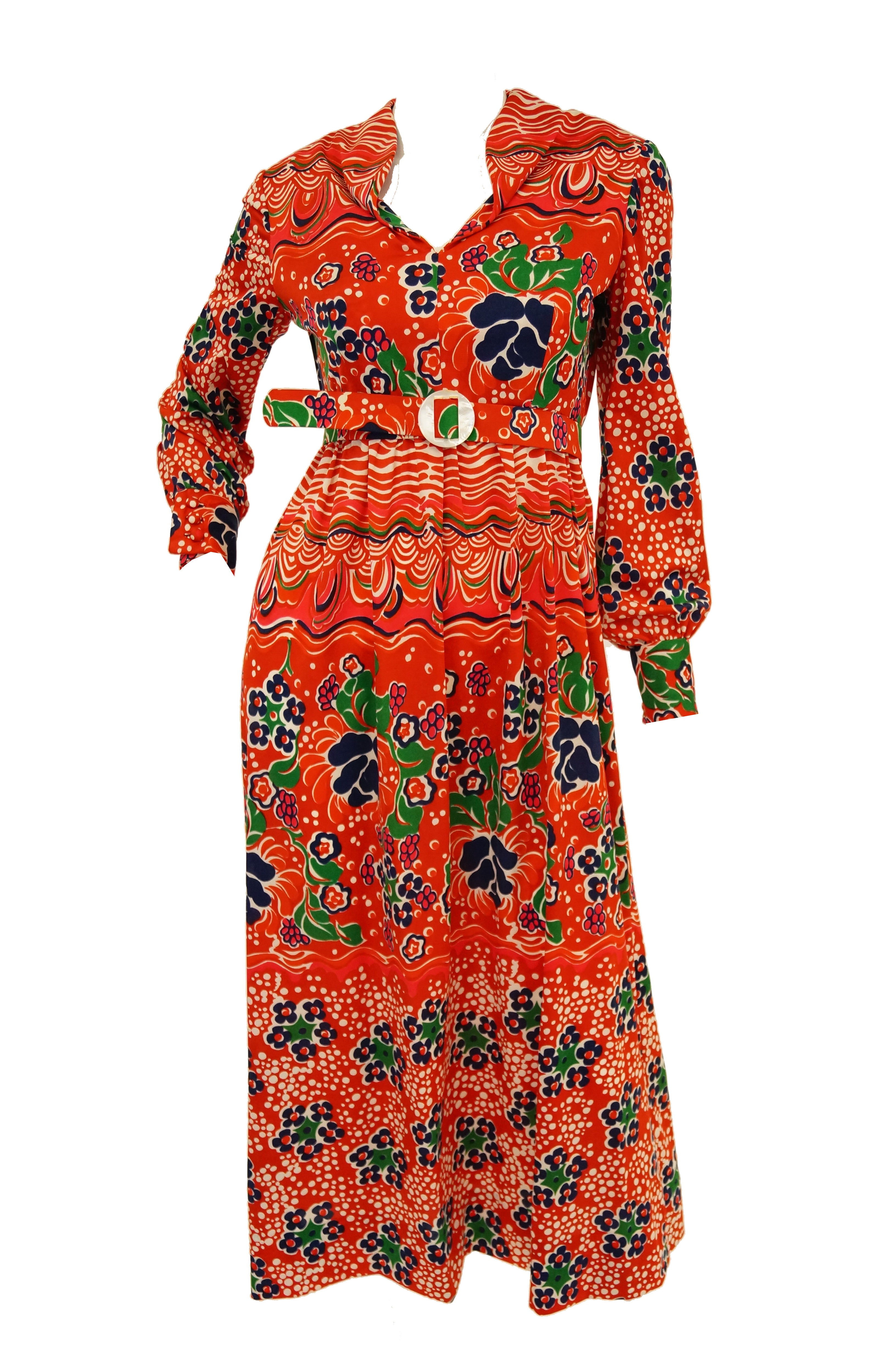 1970s Joan Leslie Red Floral Knit Wear Maxi Dress - MRS Couture