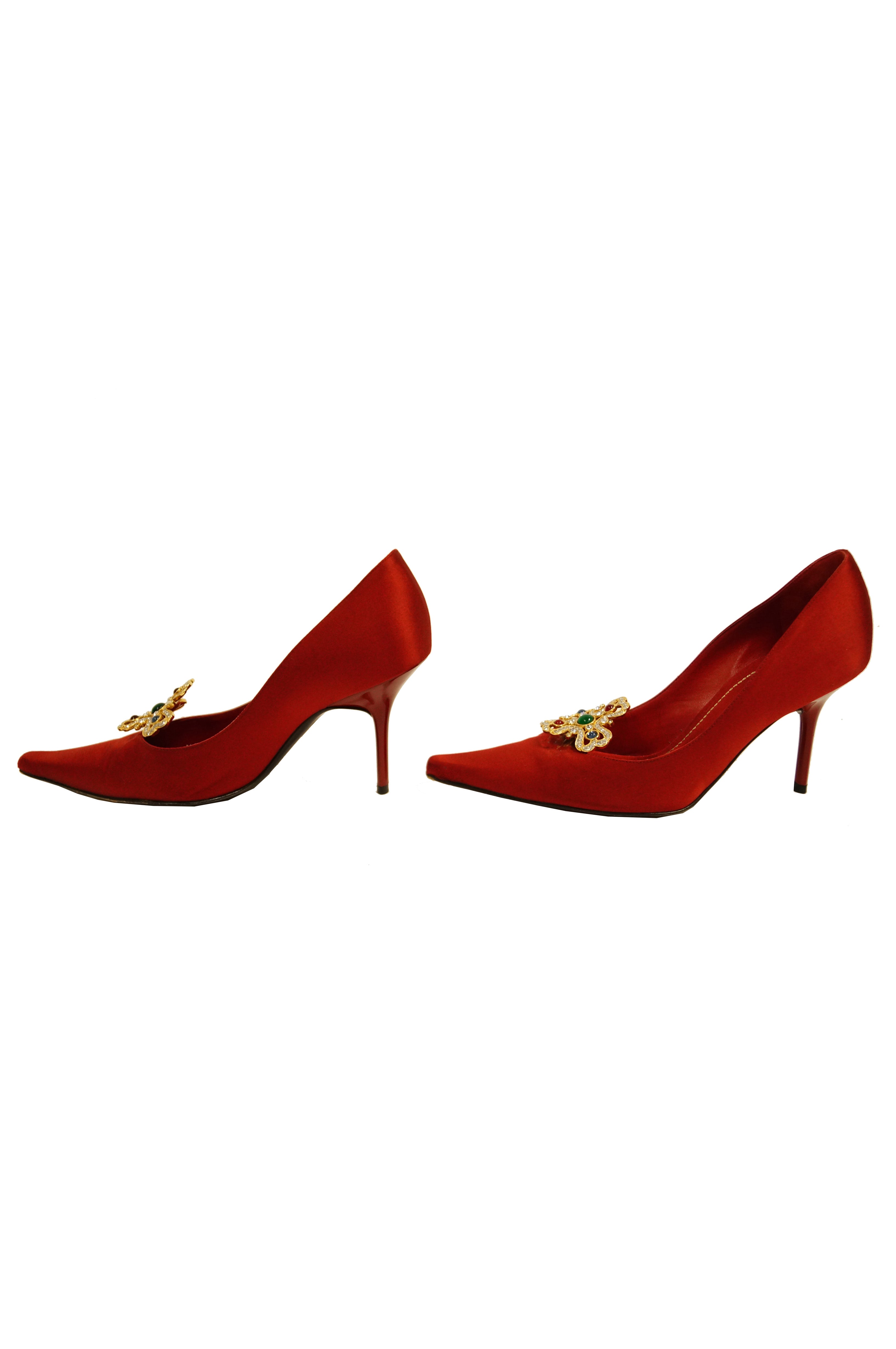 Rene Caovilla Red Satin Pointed Heels with Gold and Rhinestone Accent ...