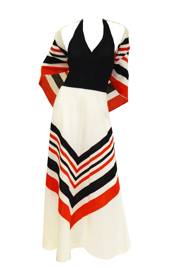 1970s Red, White, and Blue Chevron Halter Maxi Dress with Shawl - MRS ...