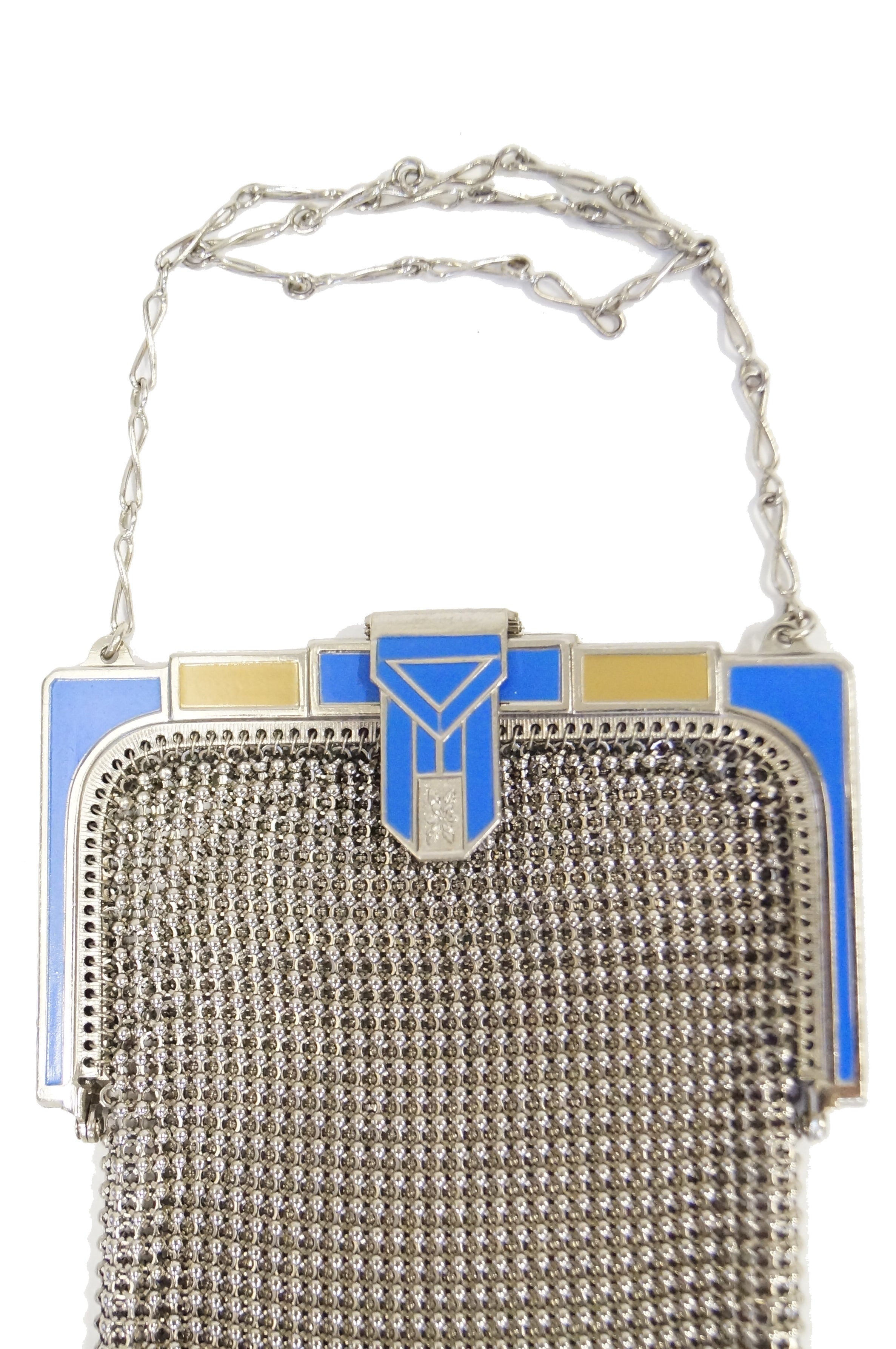 1920s Whiting and Davis Blue Enamel Art Deco Clasp Mesh Bag