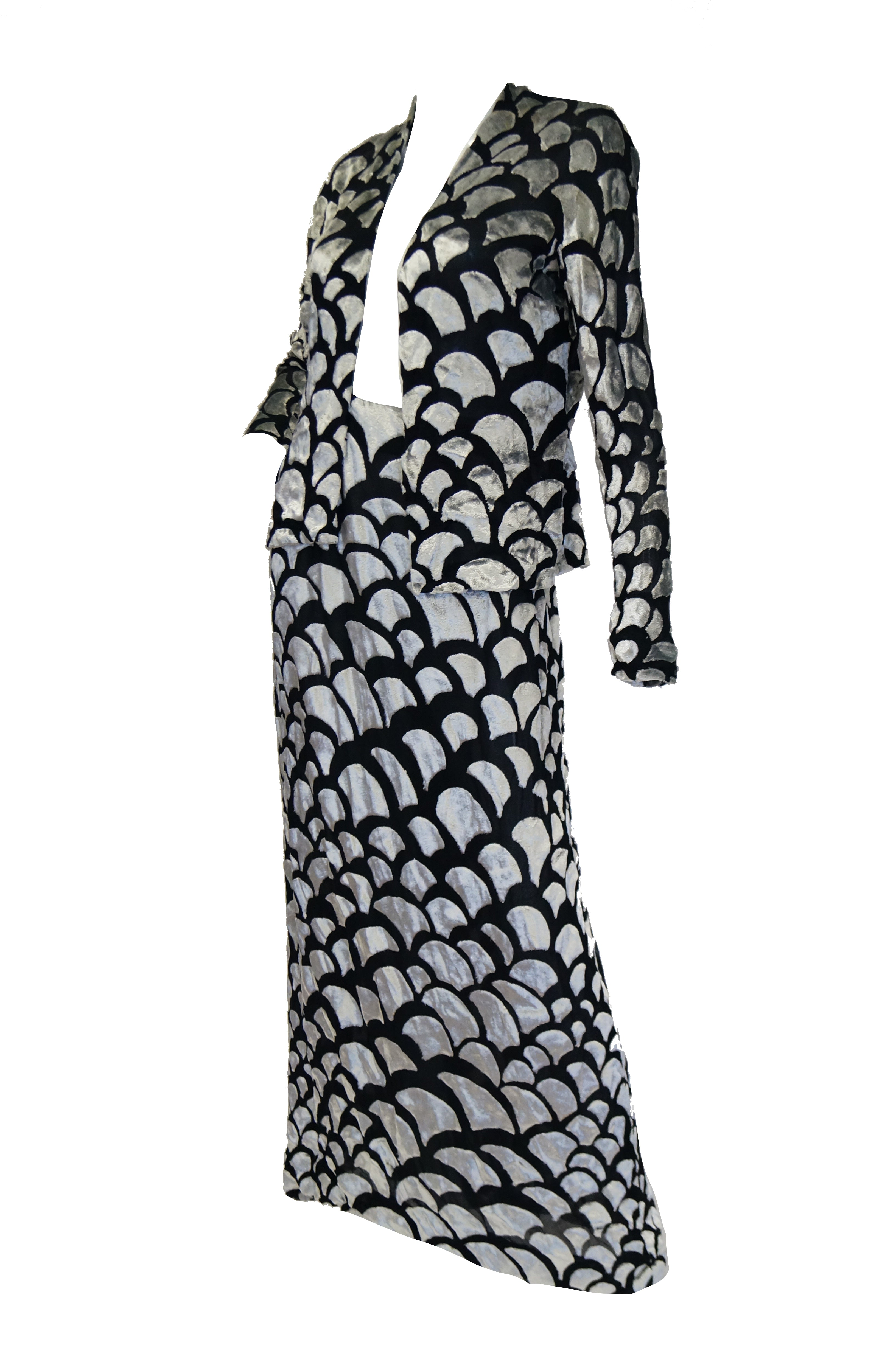 1970s Pauline Trigere Black & Silver Burnout Velvet Evening Dress Ense ...