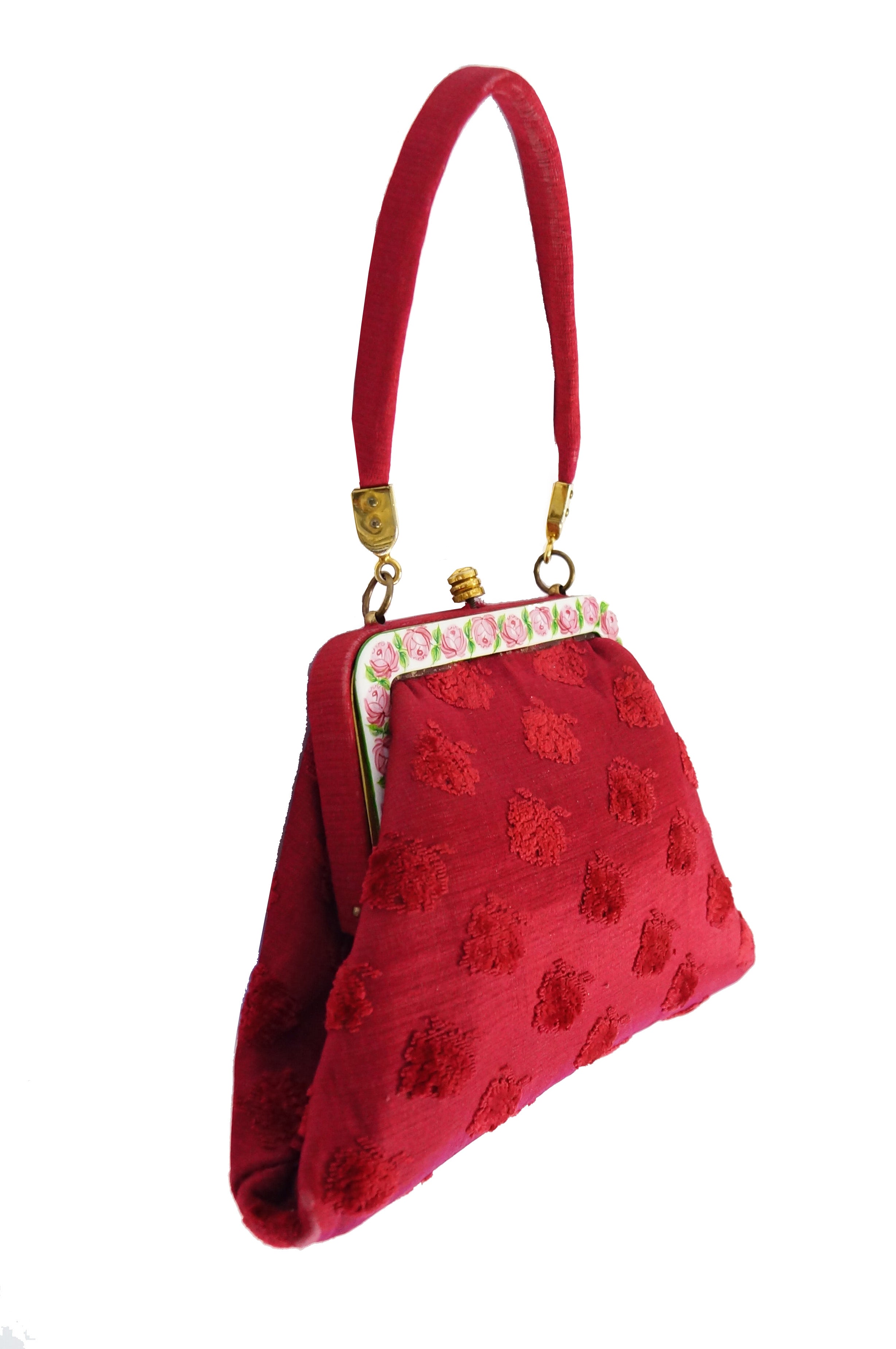 1950s Roberta di Camerino Red Tapestry Evening Bag with Hand Painted P ...