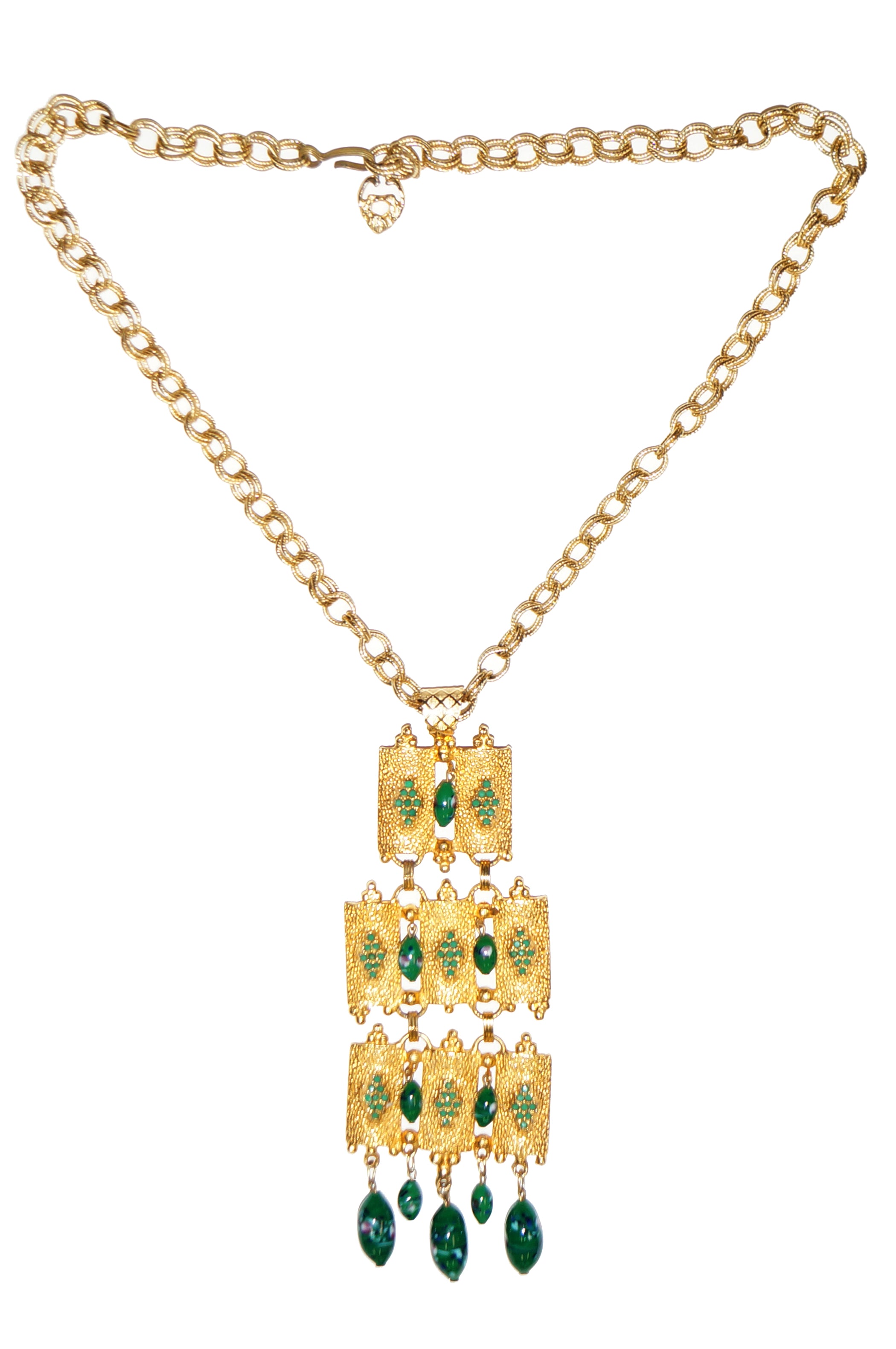 1960s Substantial Brutalist Articulated Gold Tone Jade Green Glass Nec ...