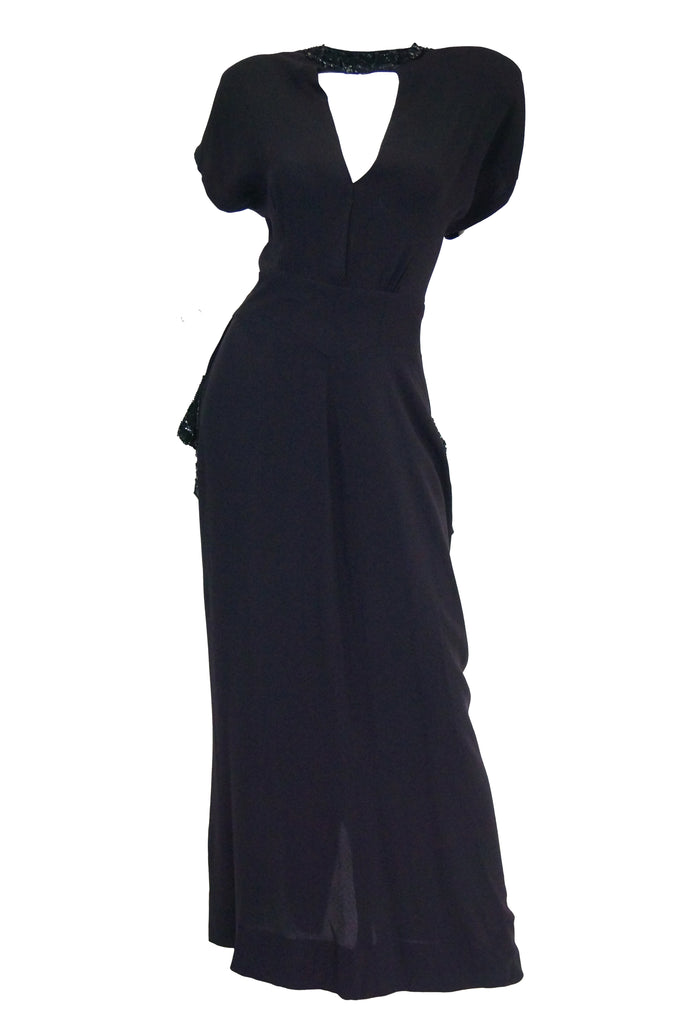 1930s Black Bias Crepe Silk Dress w/ Bead, Sequin, Bustle, & Keyhole N ...