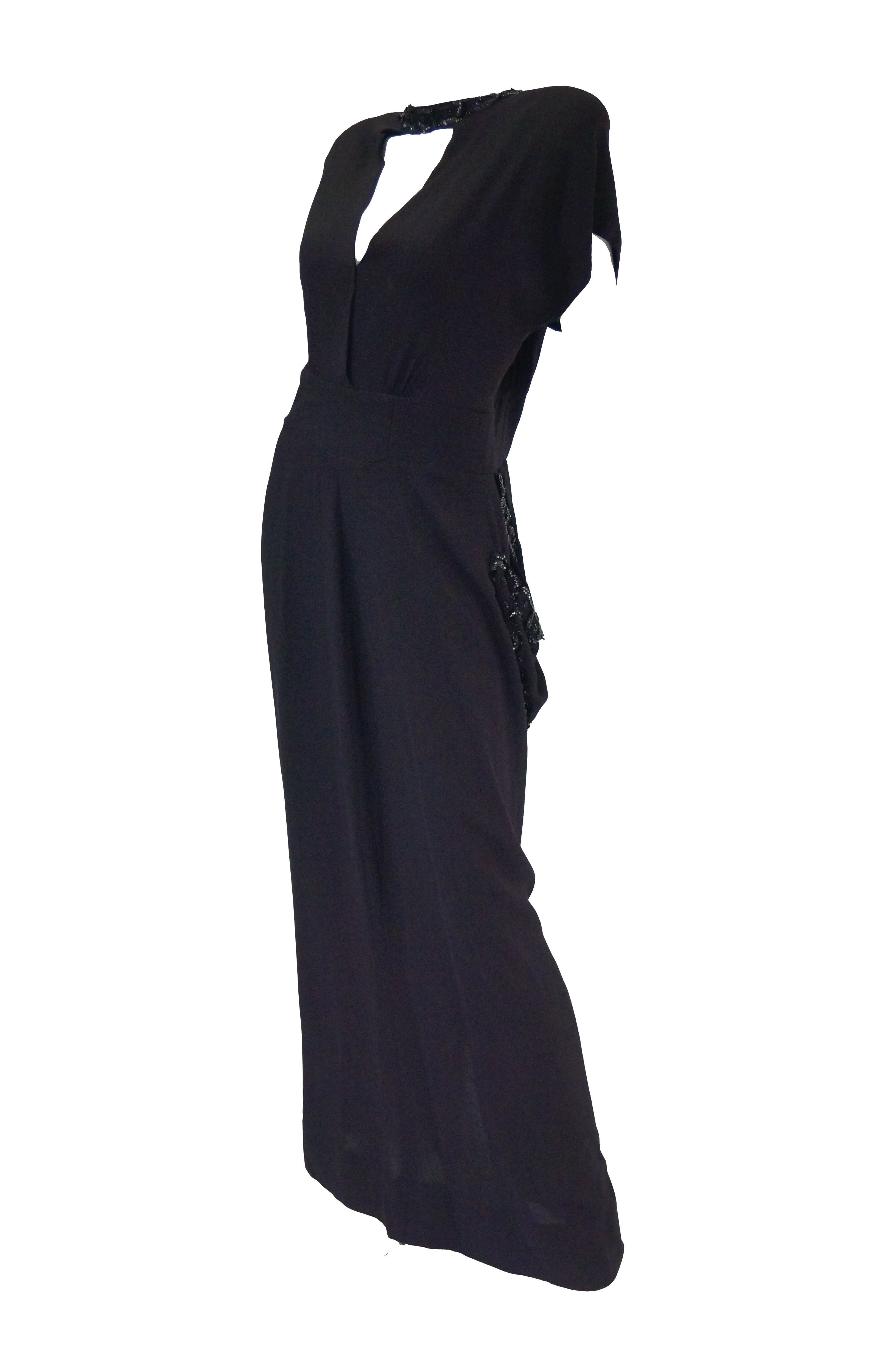 1930s Black Bias Crepe Silk Dress w/ Bead, Sequin, Bustle, & Keyhole N ...