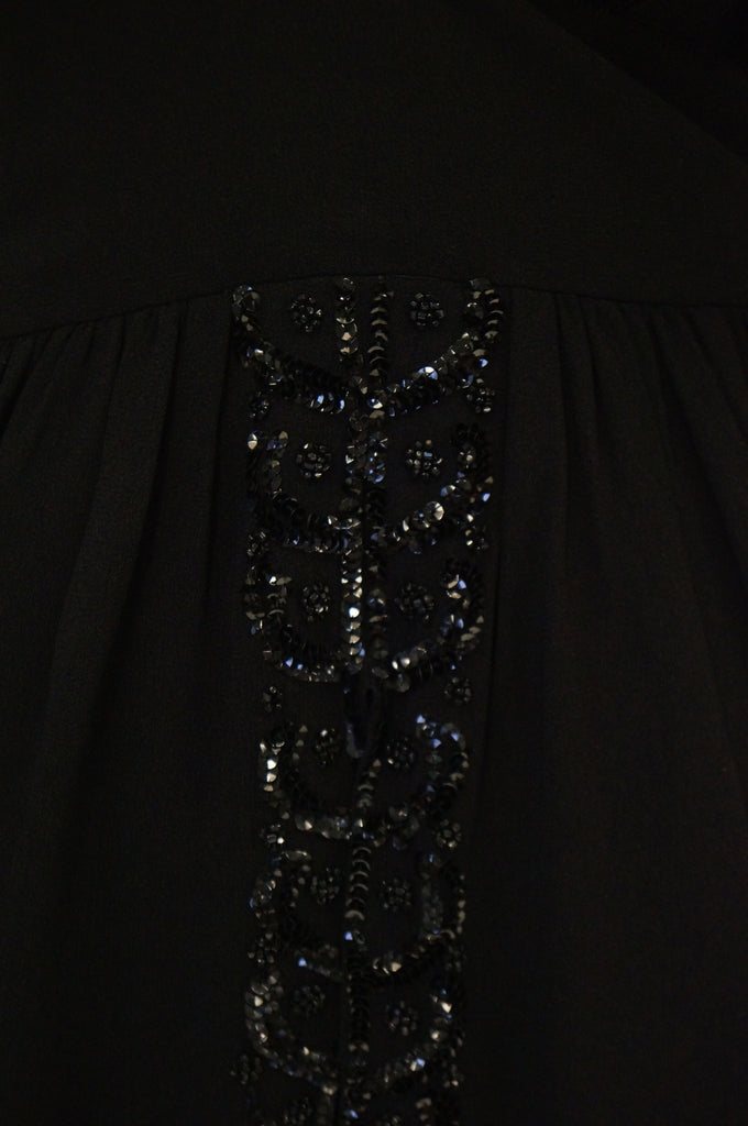1930s Black Bias Crepe Silk Dress w/ Bead, Sequin, Bustle, & Keyhole N ...