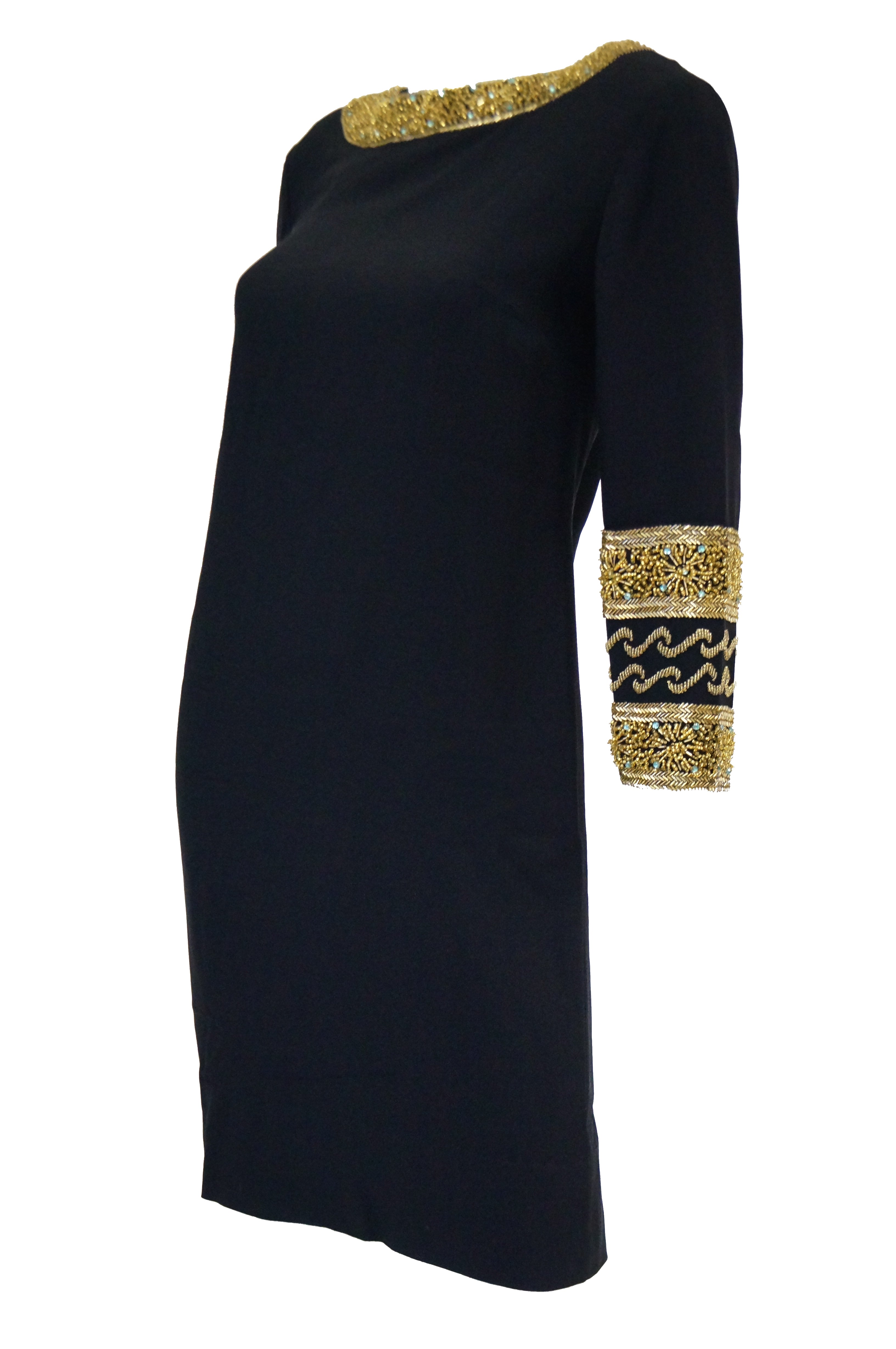 1960s Maisonette Silk Cocktail Dress w/ Gold Bead & Blue Rhinestone De ...