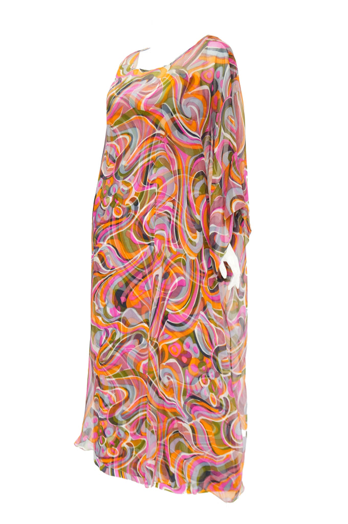 1960s Neiman Marcus Vibrant Pink Swirl Dress with Sheer Kimono Detail ...