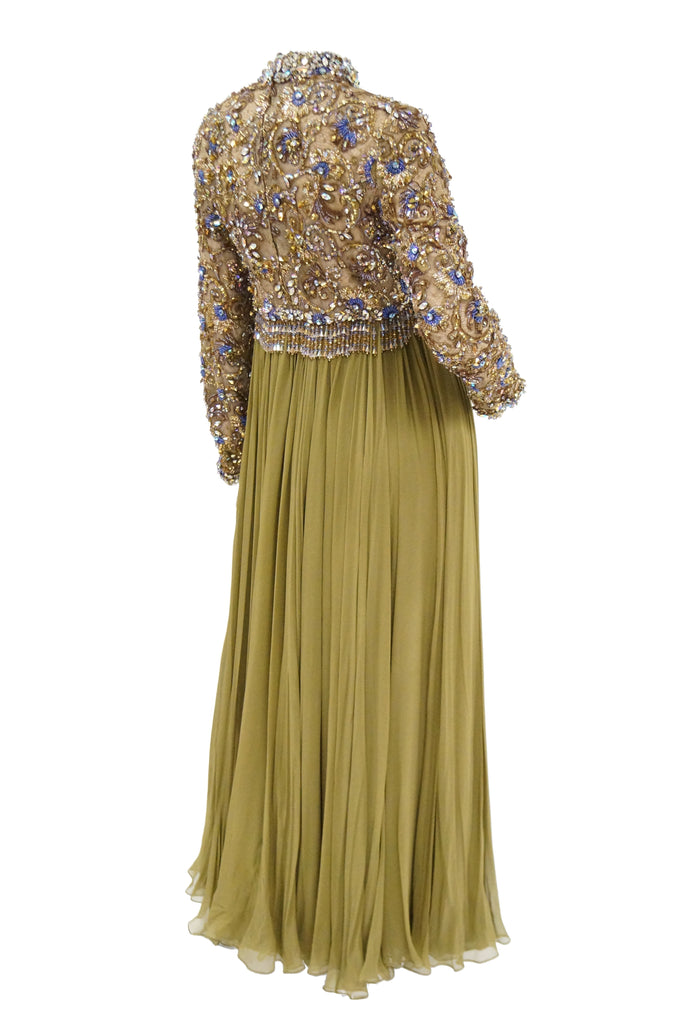 1960s George Halley Olive Green Silk Chiffon Beaded Bodice Evening Dre ...