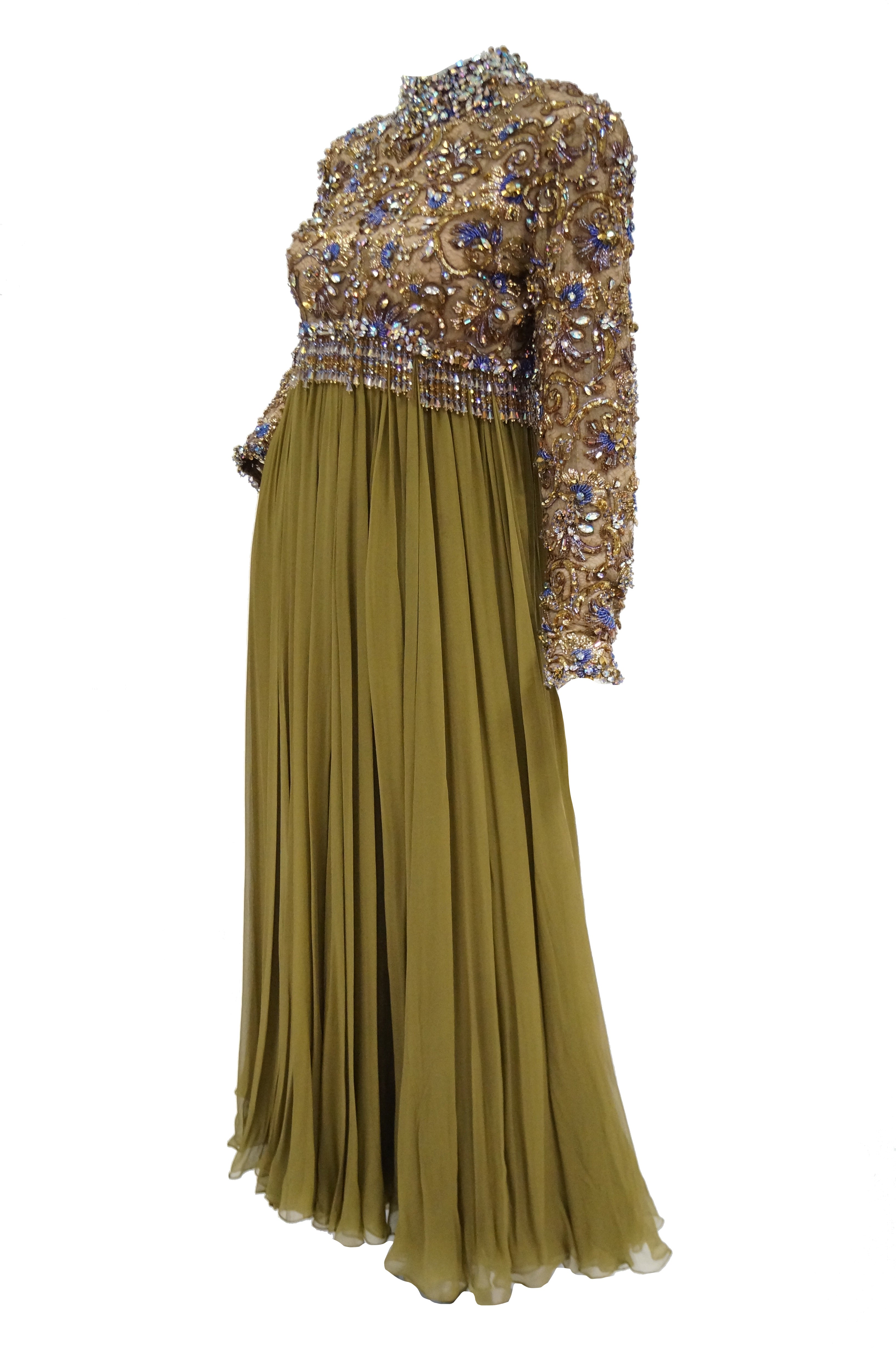 1960s George Halley Olive Green Silk Chiffon Beaded Bodice Evening Dre ...