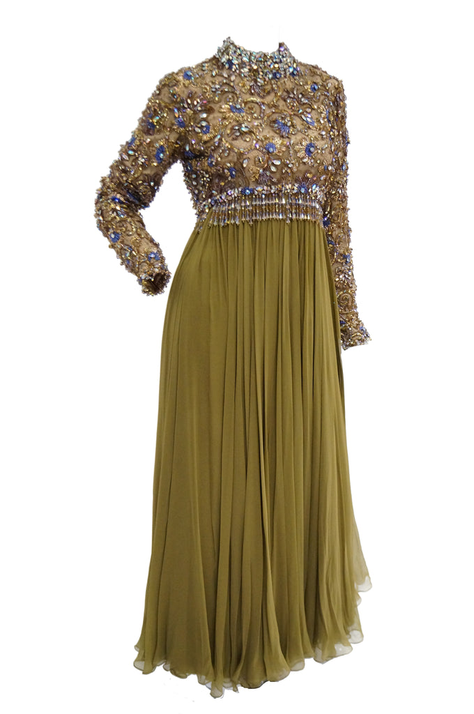 1960s George Halley Olive Green Silk Chiffon Beaded Bodice Evening Dre ...