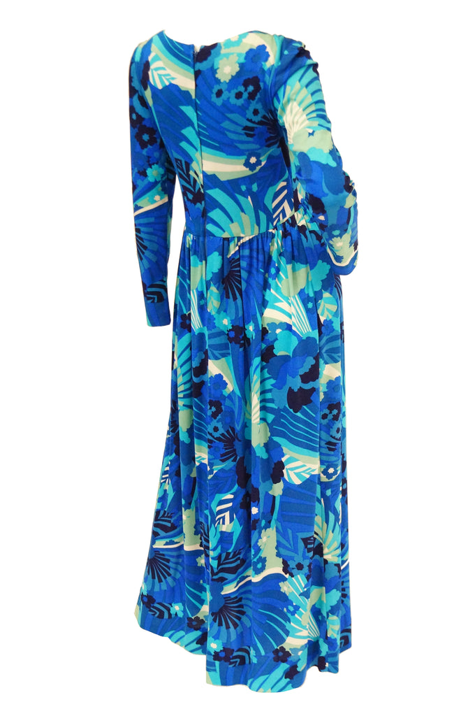 1970s Victor Costa Funky Blue Floral Knit Maxi Dress - MRS Couture