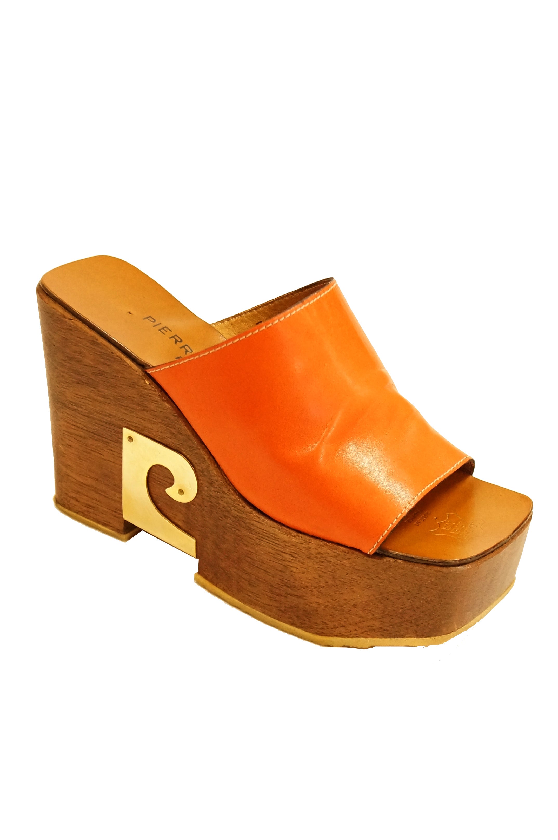 1970s Pierre Cardin Orange Leather and Wood Platform Mules, Iconic ...