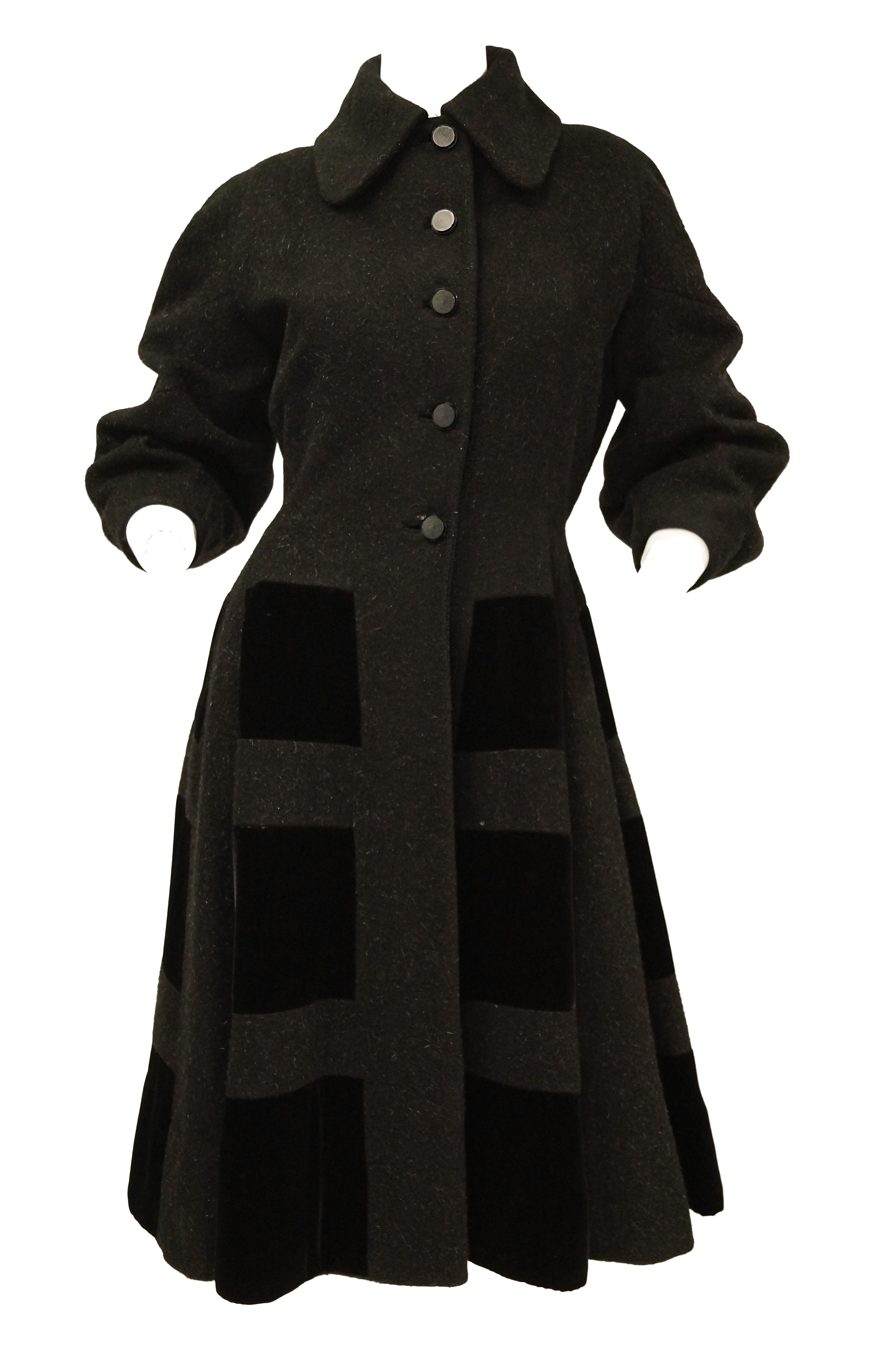 1950s Lilli Ann Black Mohair, Wool, and Velvet Blocked Princess Coat ...