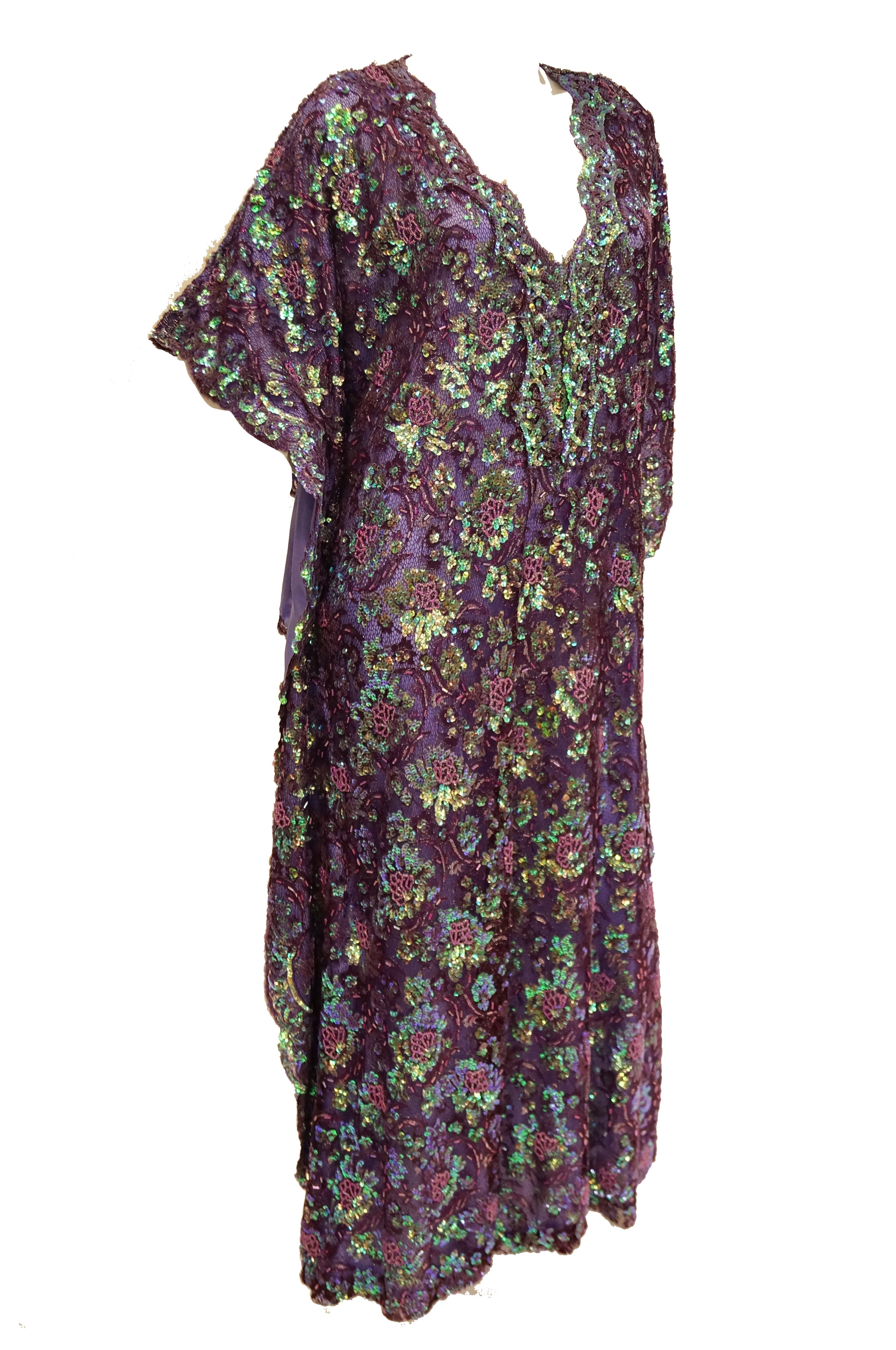 1970s Hand Embroidered Iridescent Floral Sequin Kaftan - MRS Couture