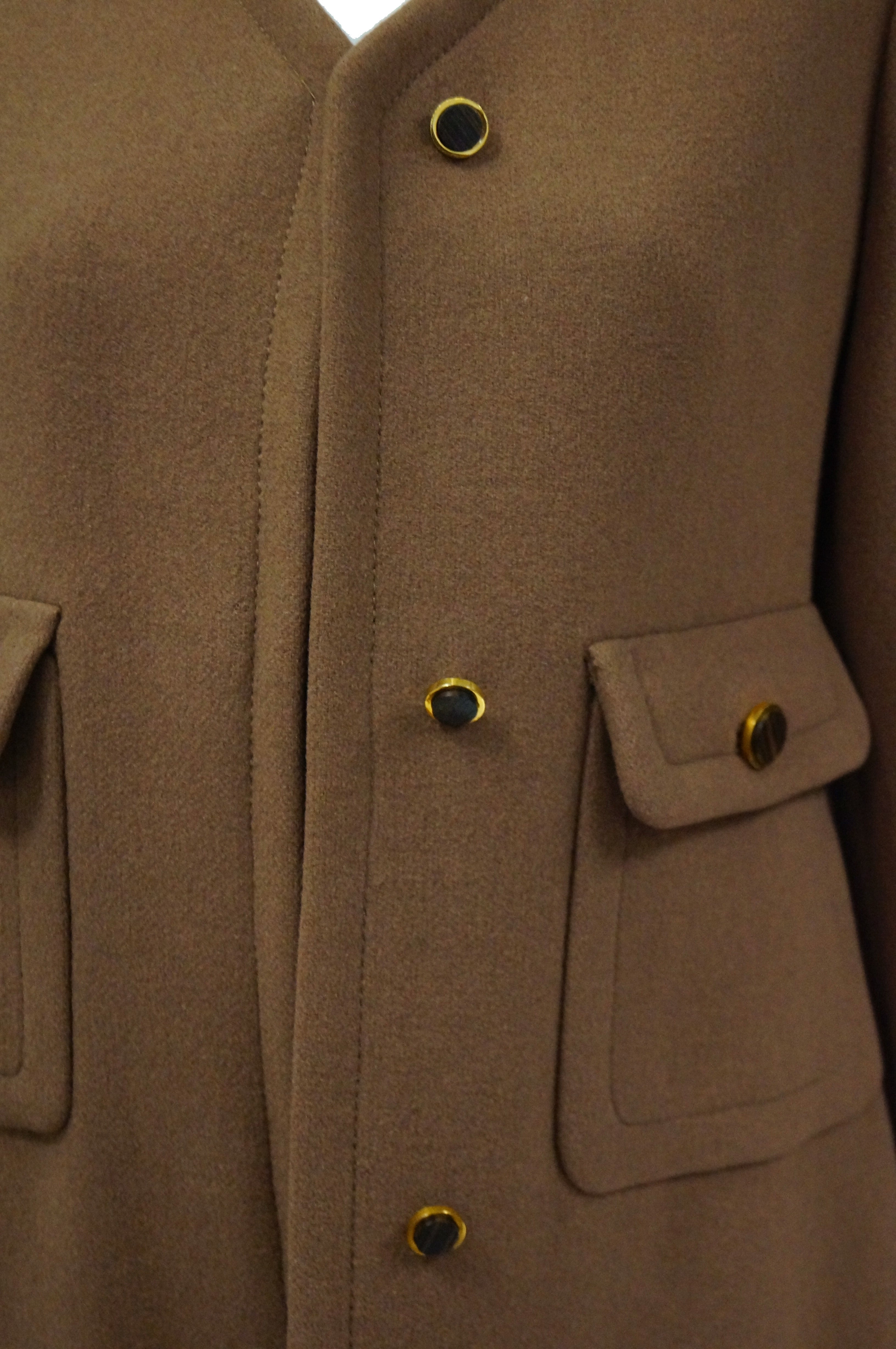 1970s Galanos Brown Wool Coat with Pleat Detail and Wooden Buttons ...