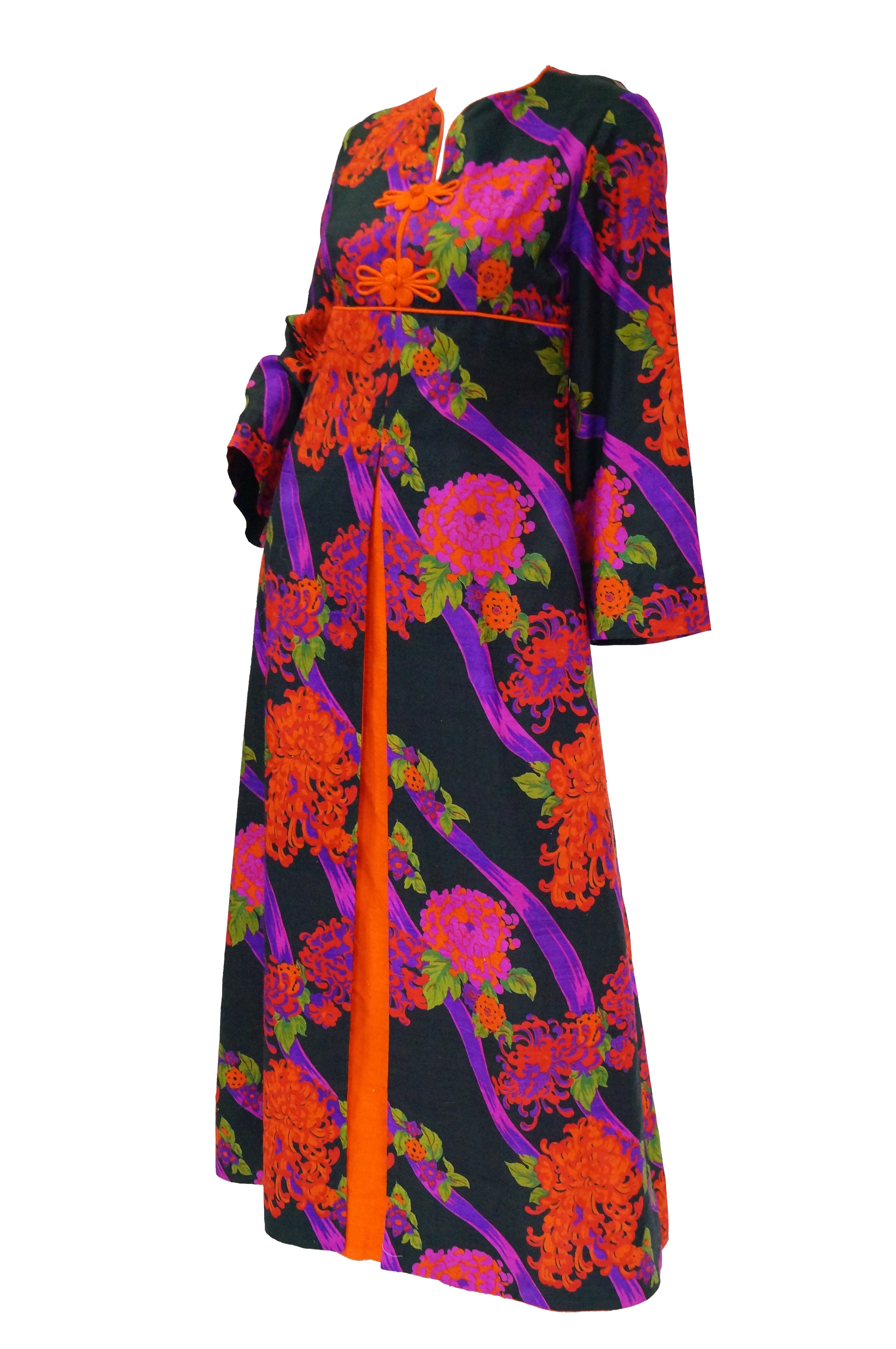 1960s Thai Silk Black, Purple, and Red Chrysanthemum Floral Maxi Dress ...