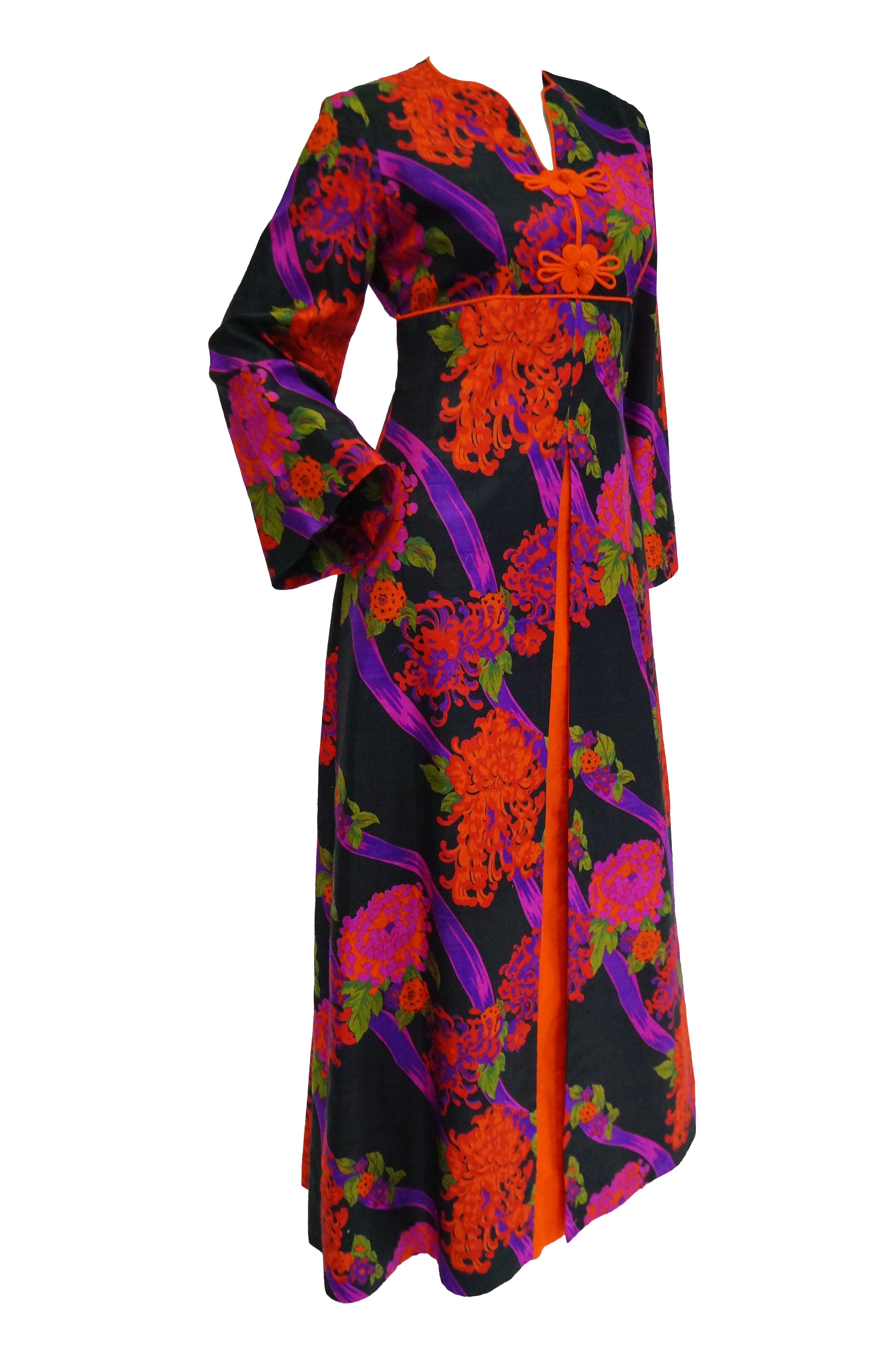 1960s Thai Silk Black, Purple, and Red Chrysanthemum Floral Maxi Dress ...