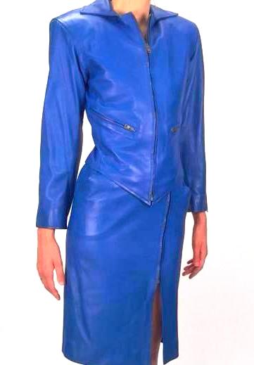 1980s Yves Saint Laurent Blue Leather Jacket and Skirt Ensemble - MRS ...