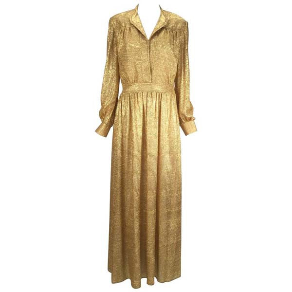 Vintage 1970s Gold Metallic Long Sleeve Maxi Dress - MRS Couture