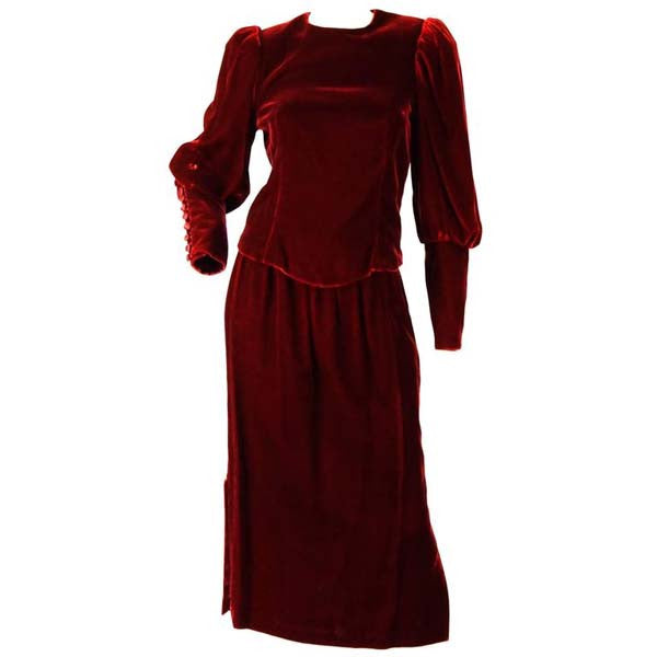 Early 1990s Red Wine Velvet Skirt Set With Dramatic Sleeves - MRS Couture