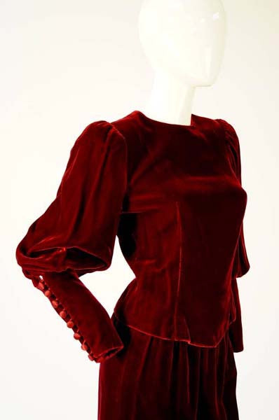 Early 1990s Red Wine Velvet Skirt Set With Dramatic Sleeves - MRS Couture