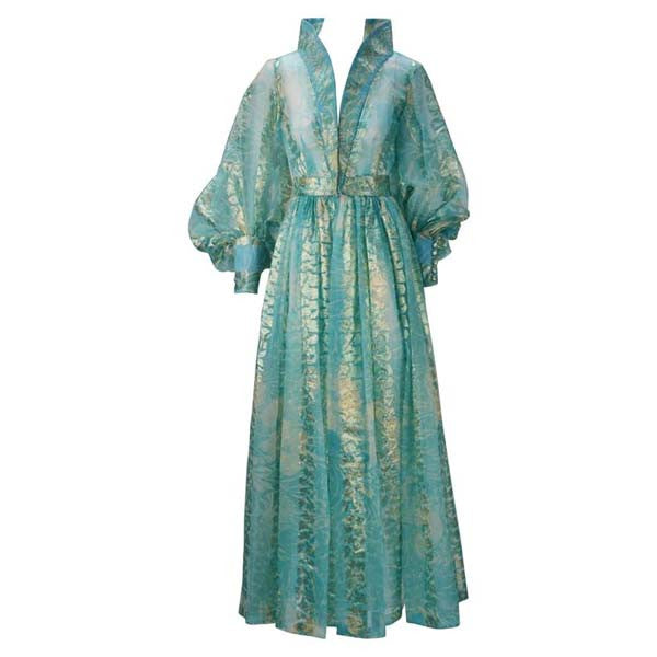 1970s Sheer Light Blue and Gold Metallic Hostess Gown - MRS Couture