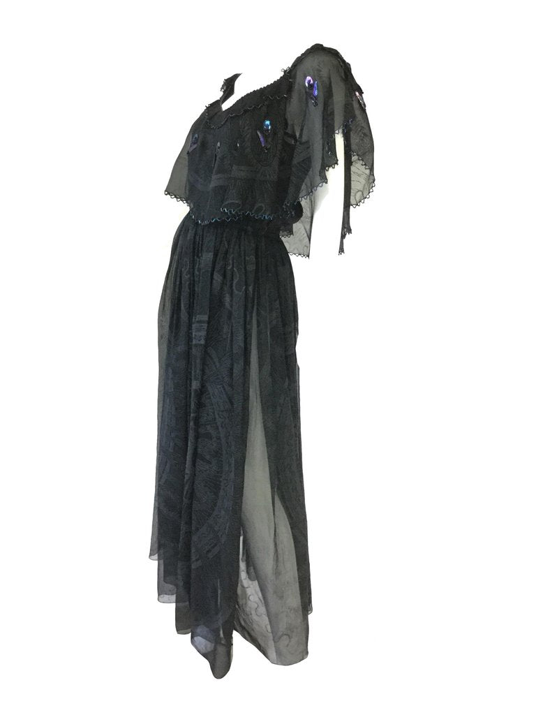 1970s Zandra Rhodes Hand Painted Black Silk Dress - MRS Couture