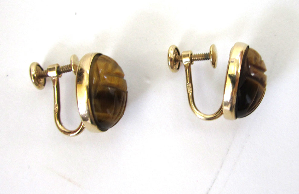 1/20 12K Yellow Gold-Filled Binder Brothers Tiger Eye Scarab Earrings ...