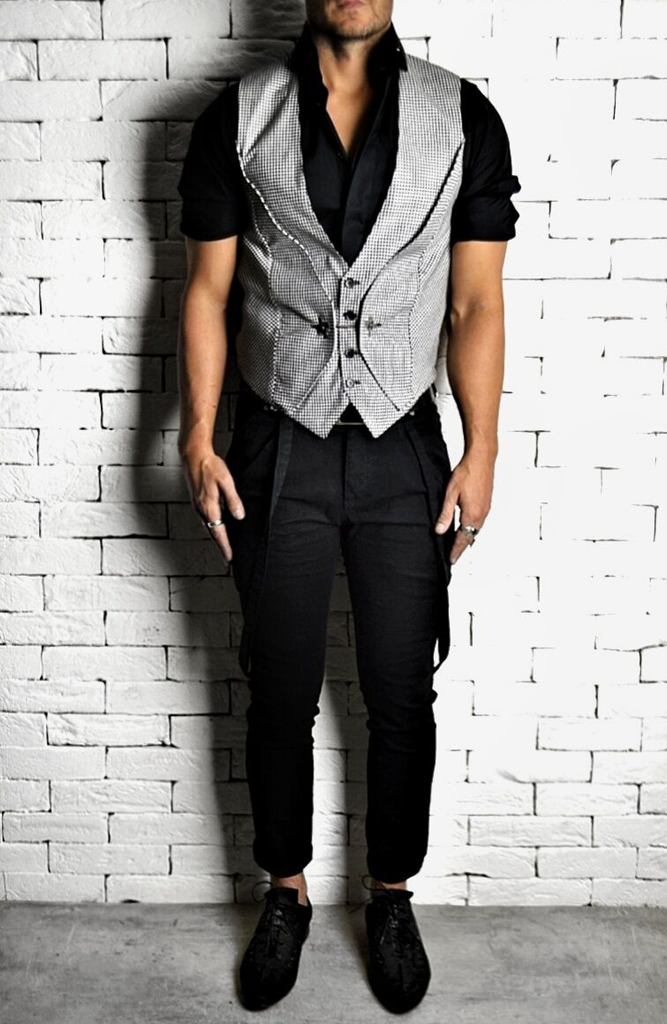 black shirt white waistcoat