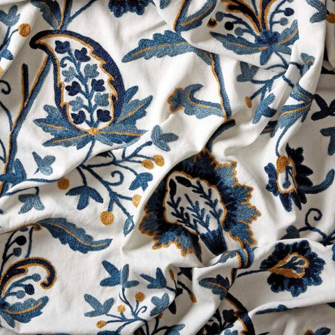 blue crewel embroidered fabric