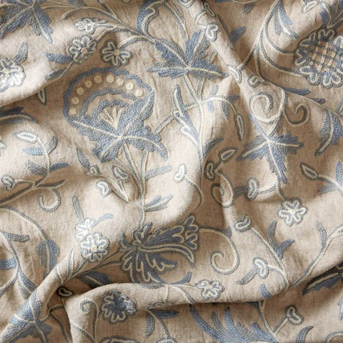 beautiful embroidered crewel fabric blue