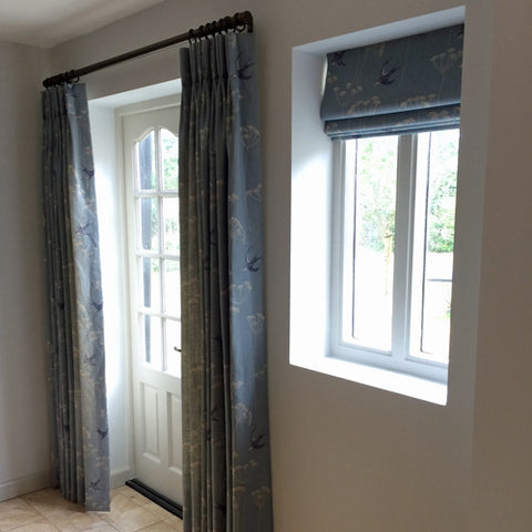 curtains and roman blind in blue linen fabric wiveton sky