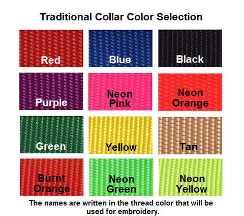 Colors available for 3/8-inch wide embroidered traditional collars