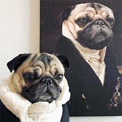 Dog sitting in front of a poster of himself