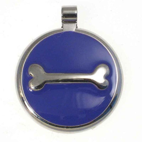 Round metal tag with blue enamel on the front surrounding a metal bone design