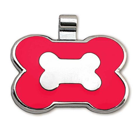 Bone shaped metal tag with red enamel on front surrounding a metal bone design