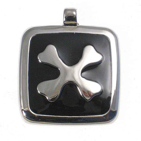 Square metal tag with black enamel on the front surrounding a metal design of two bones crossed to form an X