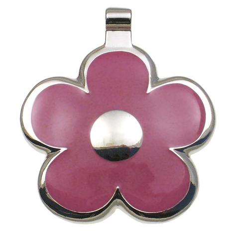 Daisy shaped metal tag with pink enamel on front surrounding a metal flower center