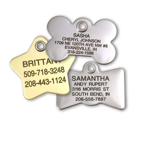 brass star pet tag, stainless bone pet tag, and stainless bow tie pet tag