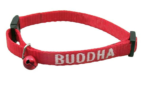 Red cat breakaway collar with pet name embroidered and red bell attached
