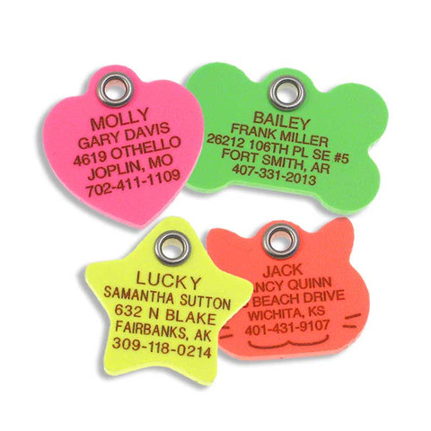 neon pink plastic heart shaped tag, neon green plastic bone shaped tag, neon yellow plastic star shaped tag, and neon orange plastic cat face tag