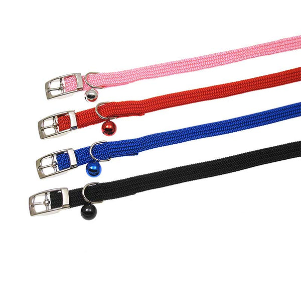 Cat safety collars, in colors black, blue, red, and pink, with matching bells
