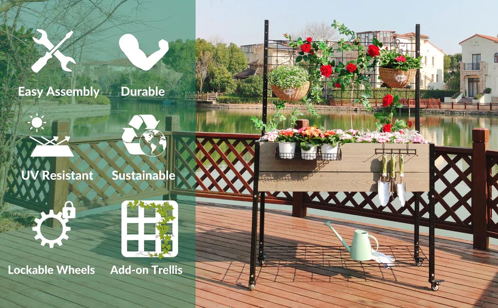 Elevated Mobile Planter with Trellis & Under Shelf infographic