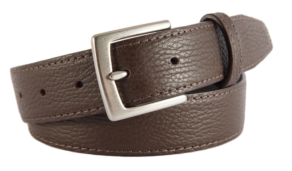 Brown Pebbled Leather Belt, Signature Buckle (Brushed Silver) | Bello Belts