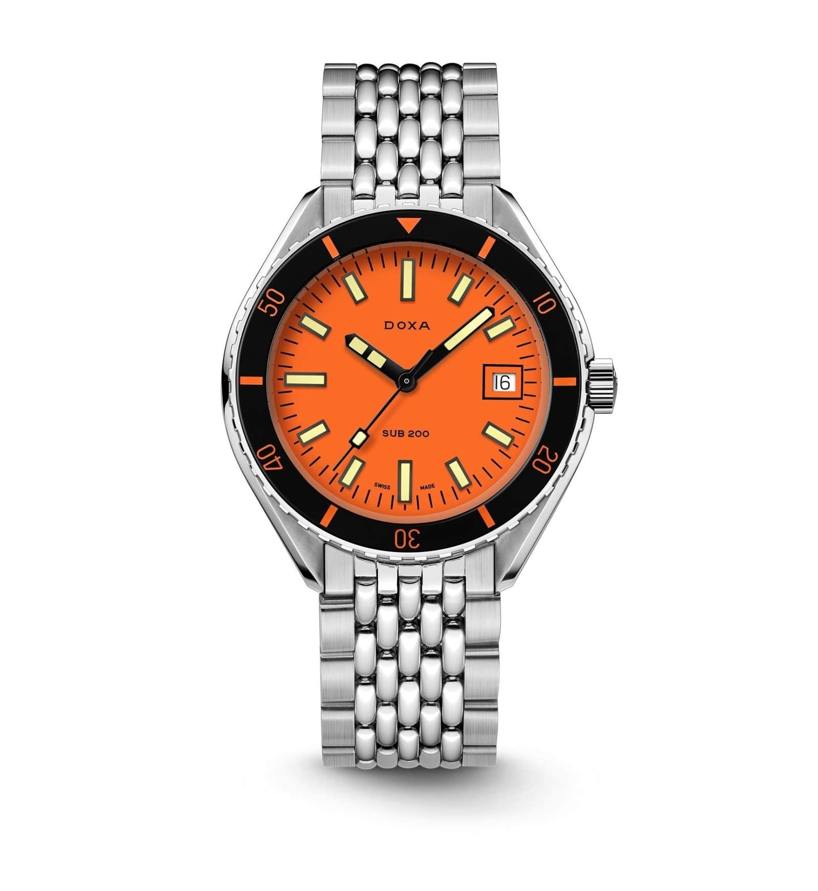  Image of the Doxa Sub 200 watch with metal strap and orange interior 