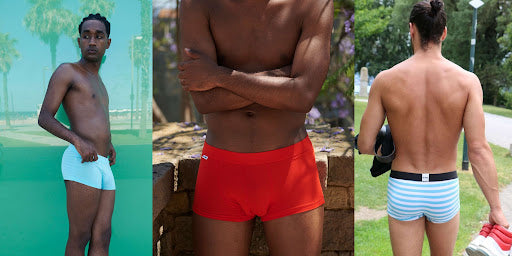 3 images of men in bamboo underwear in red, blue and a pair of striped briefs