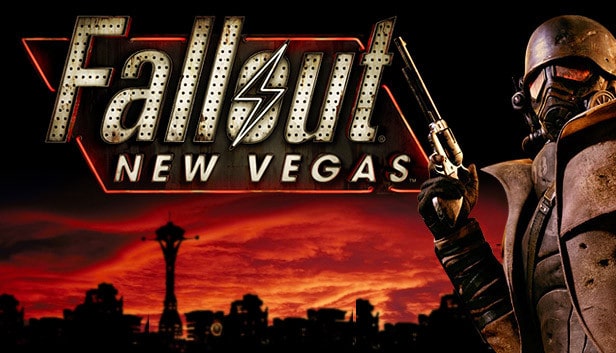 Silhouette of Vegas city with the title of the game and a man dressed in war gear