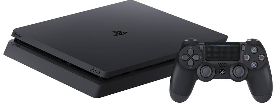 Black sony playstation 4 with a joystick against a white background 